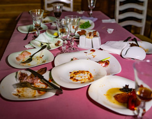 A lot of dirty dishes with leftover food. The concept of the restaurant business. After dinner