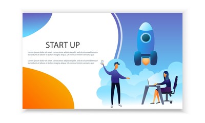 Vector illustration on the topic of a startup for web design. Rocket grows to heights. People join forces, modern gradient flat. Abstract poster, banner, card
