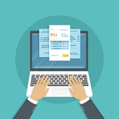 Online payment service. Checks and bills on the laptop screen. Man hands on the keyboard. Internet banking concept. Online paying, bookkeeping, accounting. Vector illustration isolated.