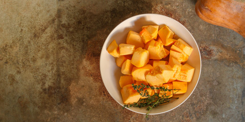 pumpkin and carrot soup (orange cream soup). Healthy food. Copy space. Diet menu. Top view