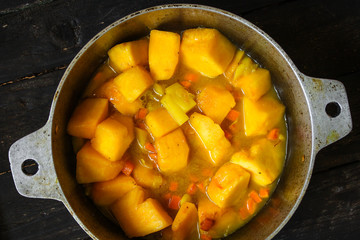 pumpkin and carrot soup (orange cream soup). Healthy food. Copy space. Diet menu. Top view