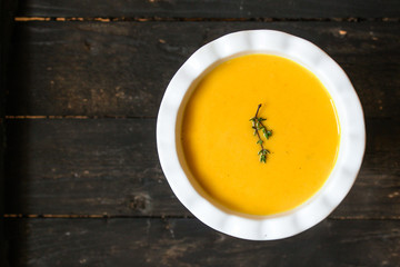 pumpkin and carrot soup (orange cream soup). Healthy food. Copy space. Diet menu. Top view