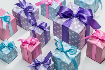 Set of various gifts in elegant paper. Presents for birthday, New Year and Christmas.