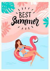Illustration card with girl swimming on pink flamingo float circle in blue ocean. Best Summer lettering
