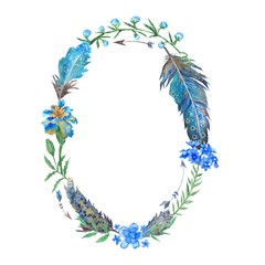 Watercolor Tribal Boho Oval Frame with Feathers and Flowers