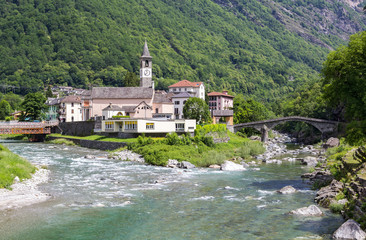 Fototapeta na wymiar Bignasco village at the mouth from Maggia River and Bavona River, Ticino, Switzerland
