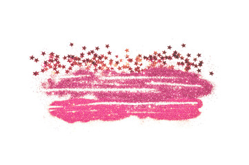 Pink glitter and glittering stars on white background