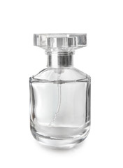 Transparent bottle of perfume on white background