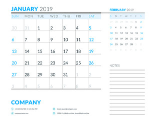 January 2019. Week starts on Sunday. Calendar planner stationery design template. Vector illustration