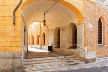 Naklejka premium Treviso, Italy August 7, 2018: arched structures in the old buildings of the city.