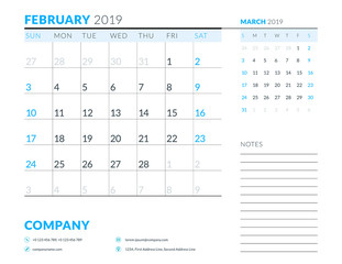 February 2019. Week starts on Sunday. Calendar planner stationery design template. Vector illustration