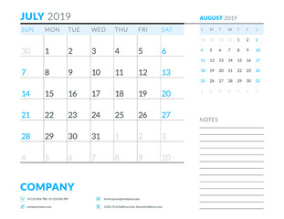 July 2019. Week starts on Sunday. Calendar planner stationery design template. Vector illustration