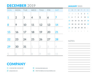 December 2019. Week starts on Sunday. Calendar planner stationery design template. Vector illustration