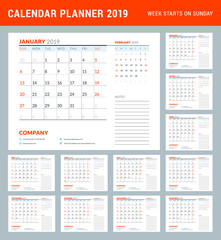 Calendar planner stationery design template. 2019 year. Set of 12 pages. Week starts on Sunday. Vector illustration