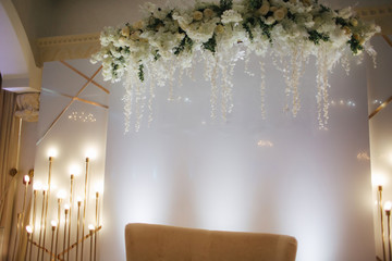 Flowers in restaurant in the wedding day. Luxury decor
