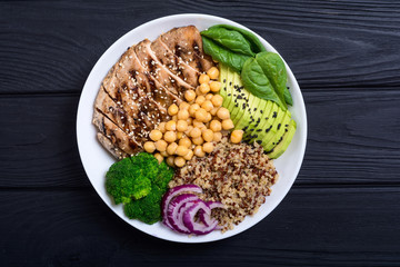 Buddha bowl with broccoli , quinoa , grilled chicken , avocado and spinach