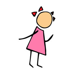 A painted little sketch of a person. Girl with bows in a dress. Vector illustration.