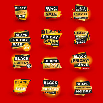 Set of Black Friday sale sticker. Discount banners. Special offer sale tag. Golden and black color theme with light effects. Vector illustration.