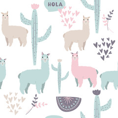Cute vector background. South American ethnic pattern with lama, cactus, abstract compositions and hearts. © Elena