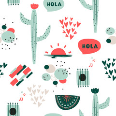Cute vector background. South American ethnic pattern with cactus, abstract compositions and hearts. © Elena