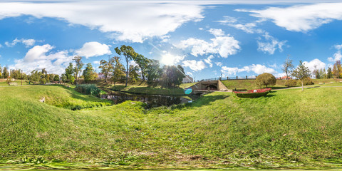 full seamless spherical panorama 360 by 180 degrees angle view on the shore of small river with bridge in city park in summer day in equirectangular projection, AR VR virtual reality content