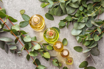 Bottles with essential oil and eucalyptus branches on table © Pixel-Shot