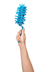 Woman holding brush on white background