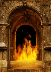 Gate to hell with fire flames.
