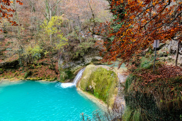 Turquoise water in the source of the Uderra River natural Park Urbasa-Andia, Baquedano, Navarre, Spain, Europe