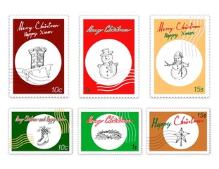 Merry Xmas, Post Stamps Set of Illustration Hand Drawn Sketch of Crown of Thorns, Moravian Stars, Snowman, Fireplace and Ice Skate with Holly Twigs. Sign for Start Christmas Celebration.