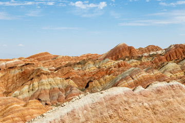 Danxia Feng, or Colored Rainbow Mountains, in Zhangye, Gansu, China. Here the view from the Sea of Clouds observation deck