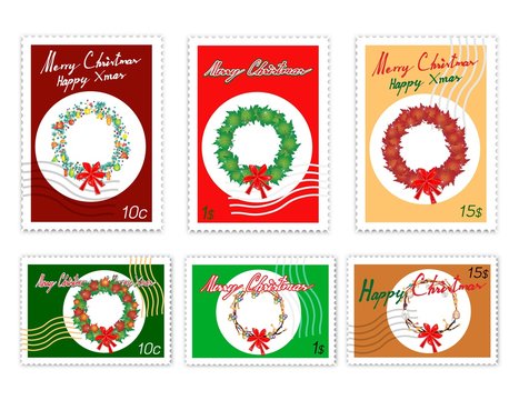 Merry Xmas, Post Stamps Set of Hand Drawn Sketch of Christmas Wreath Decorated with Ornaments, Balls, Stars, Maple and Red Bow. Sign for Christmas Celebration.