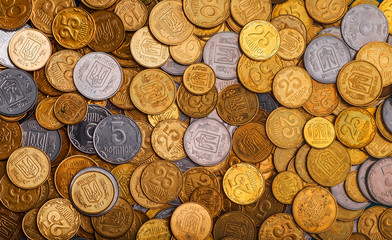 A large pile of coins from a Ukrainian bank. Ukrainian type coins: Kopeck. Concept for banking affairs, taxes, debt,