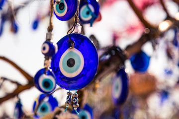 Blue eyes from the evil eye, a national symbol and guardian in Turkey. Many round blue eyes hang on...