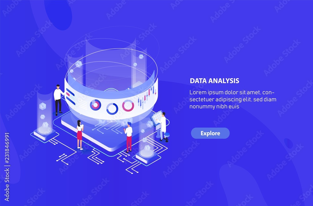 Aufkleber Creative web banner template with tiny people standing around giant integral circuit, charts, diagrams and graphs on virtual screen. Big data analysis, statistical analytics. Vector illustration.