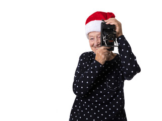 white-haired grandmother with christmas hat