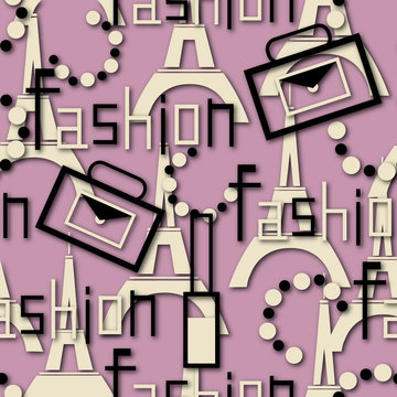 Seamless pattern with lipstick, fashion word, beads, bag, Eiffel Tower. French fashion.