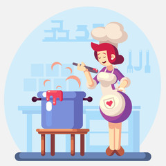 Obraz na płótnie Canvas Woman Smiling and happy chef cook in the kitchen preparing soup, sauce. Colorful illustration in flat design