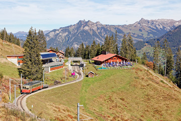 Incoming train from Gruetschalp (Gr&uuml;tschalp) at Winteregg, Jungfrau Region, Switzerland