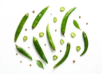 Gardinen Chilischoten Flat lay composition with green chili peppers on white background  © Pixel-Shot