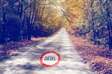 Eine Straße durch den Wald und ein Hinweis auf Fahrverbot für Diesel Autos