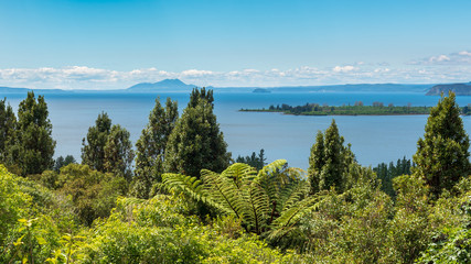 Fototapeta na wymiar Blue waters of lake Taupo as seen from State Highway 41