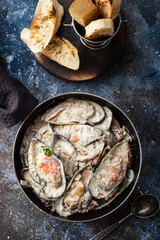 Mussels with Blue Cheese Sauce and Garlic Baguette.