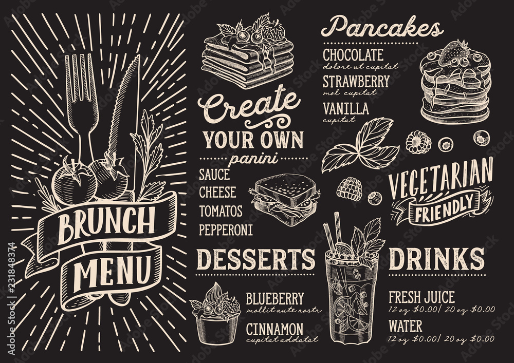 Wall mural Brunch menu food template for restaurant with doodle hand-drawn graphic.