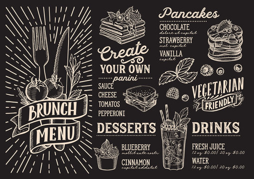 Brunch menu food template for restaurant with doodle hand-drawn graphic.