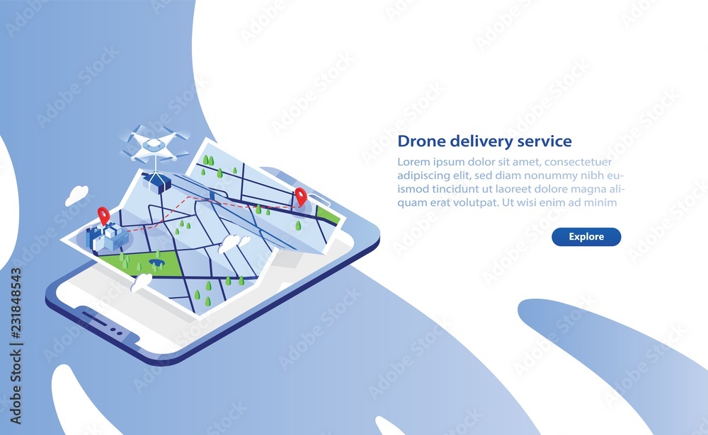 Poster web banner template with drone carrying box and flying above city map and giant smartphone. delivery