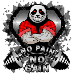 Vector illustration barbell and strong panda. No pain - no gain inspirational lettering.