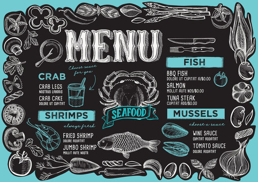 Seafood menu for restaurant with frame of doodle vegetables.