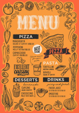 Pizza menu for restaurant with frame of graphic vegetables.