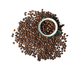 Cup and roasted coffee beans on white background